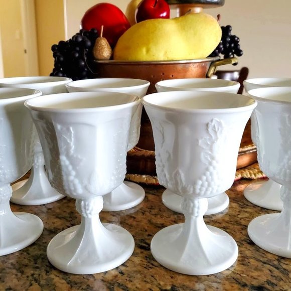 Indiana Colony Milk Glass Other - Vintage Milk Glass Goblets Set of 8 Indiana Glass Harvest Grape Pattern